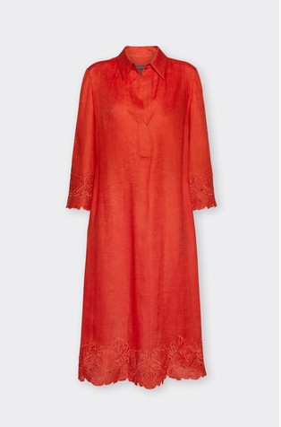 Lanena obleka s srajčnim ovratnikom in vezeninami