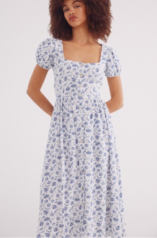 SPRINGFIELD Viscose and linen blend cross-back midi dress White / Blue 3