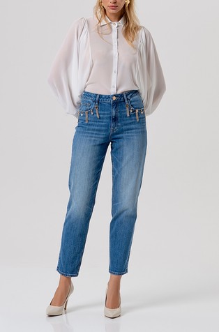 Mom fit jeans hlače z dekorativnimi elementi