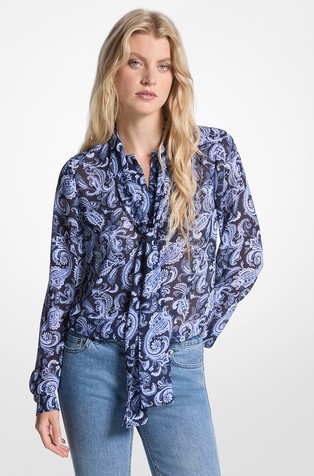 Paisley Print Georgette Tie-Neck Blouse