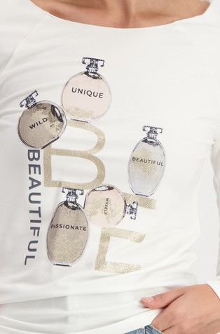 MONARI Viscose-blend long sleeved tee with print Off-White 5