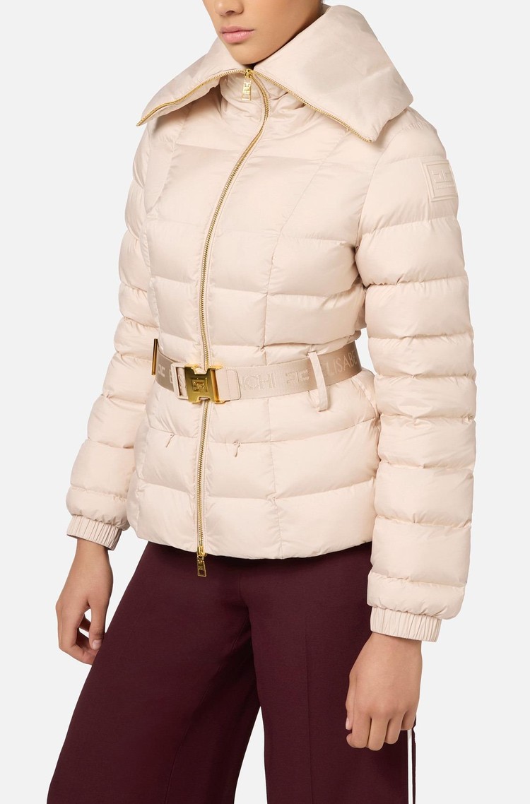 ELISABETTA FRANCHI Down jacket with wide collar and belt Beige 