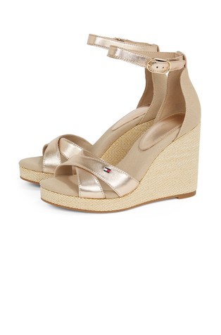 TOMMY HILFIGER Metallic Leather Wedge Espadrille Sandals Gold / Beige 2