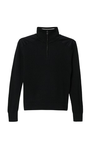 Knitted sweater with troyer collar and woven fabric shoulder panels