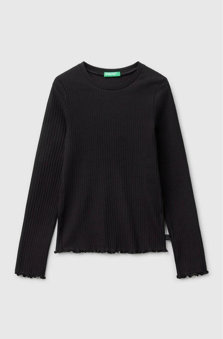 BENETTON Slim fit rebrasta bombažna majica z dolgimi rokavi Črna - Black 