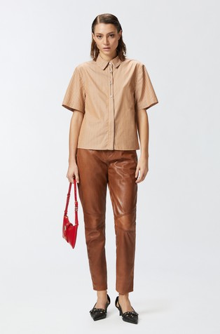 PINKO Striped cotton short-sleeved shirt Brown / White 3