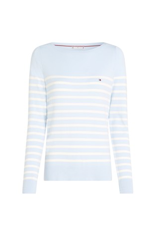 TOMMY HILFIGER Pleten pulover iz bombažne mešanice Modra - Light Blue / White 5