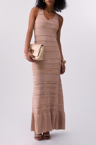 Dolga pletena obleka z luknjičastim vzorcem in lureks vlakni