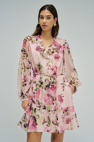 Kratka obleka s cvetličnim vzorcem in naborki