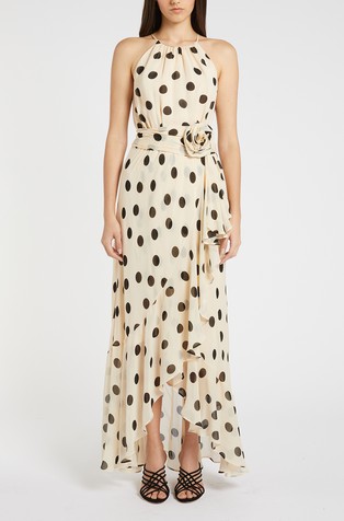 Dolga obleka z naborkom in okrasnim cvetom