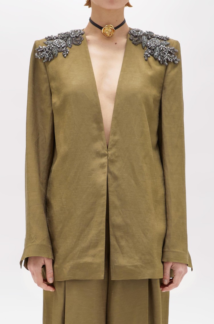 BLUGIRL Viscose-linen blend jacket with floral applications Green 