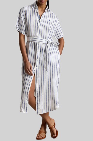 Lanena srajčna obleka s črtastim vzorcem