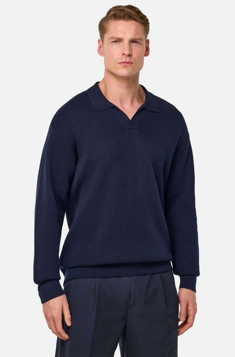 BOGGI MILANO Cotton and Silk Knitted Polo Shirt Navy 