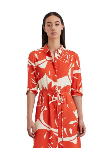 MARC O'POLO Midi vzorčasta srajčna obleka z raztegljive viskozne tkanine Oranžna - Orange/Cream 3