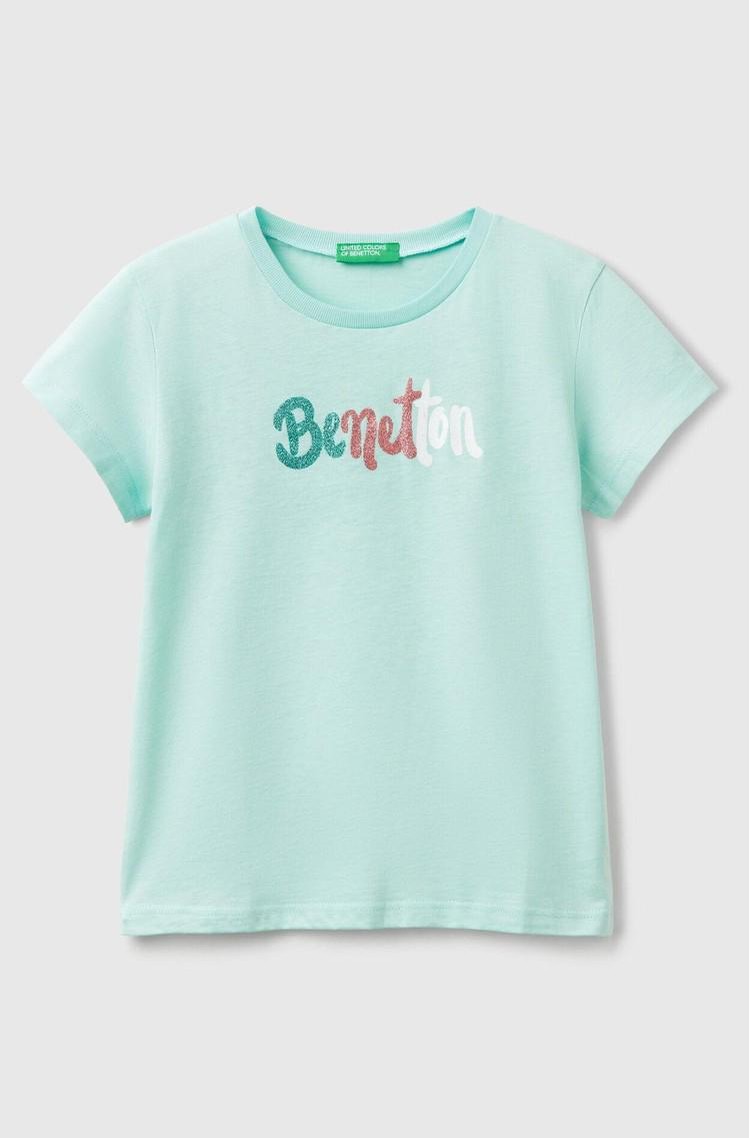 BENETTON Bombažna majica z bleščečim logotipom Modra - Aqua 