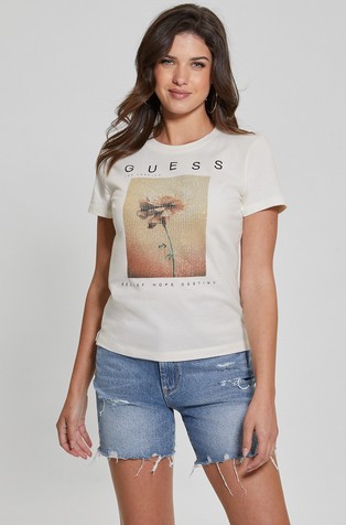 Cotton T-shirt with print and rhinestones