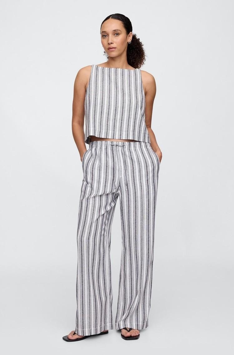 GAP Mid Rise Linen-Blend Pull-On Wide-Leg Pants Blue White Stripe 