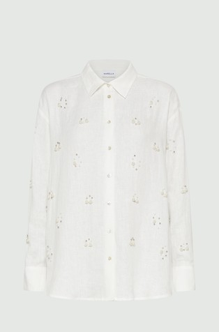 Oversized linen shirt with pearls and studs