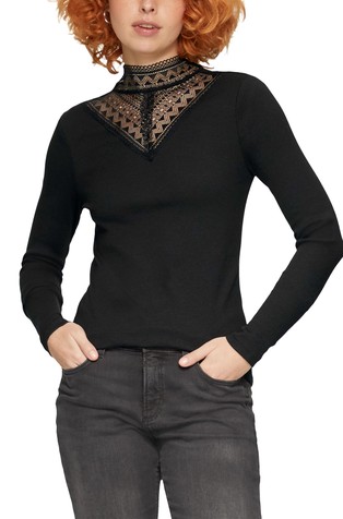 Rebrasta majica s čipkastim vstavkom in stoječim ovratnikom