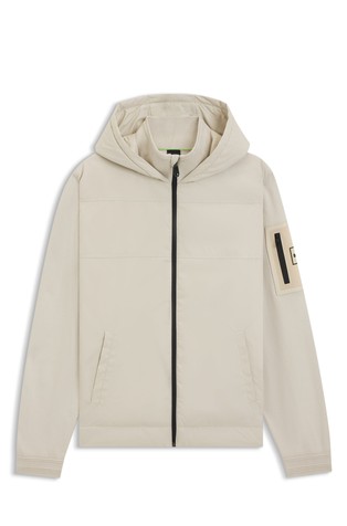 Pletena jopa s kapuco iz kombinacije tkanin