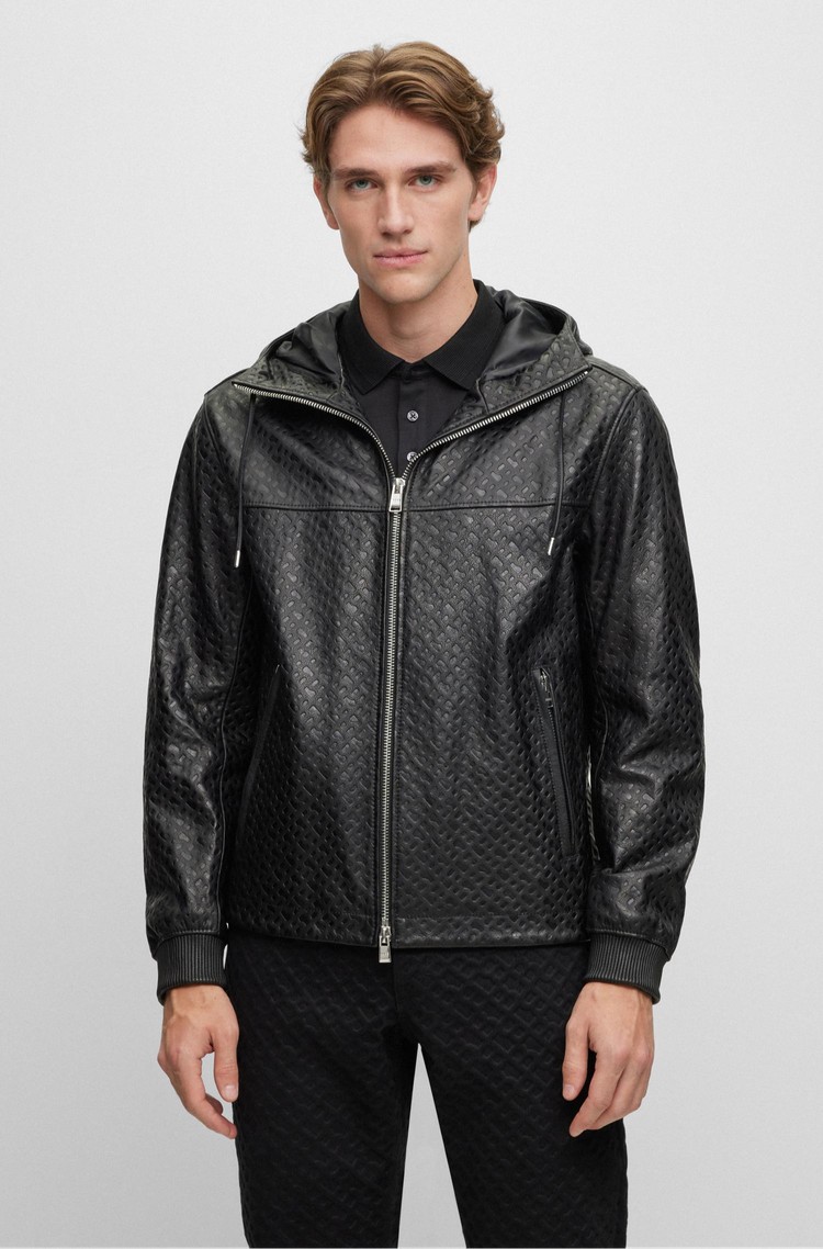 HUGO BOSS Relaxed fit usnjena jakna s kapuco in vzorcem monogramov Črna - Black 