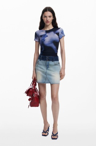 DESIGUAL Denim krilo z navideznim dvojnim pasom Modra - Blue 3