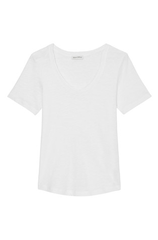 MARC O'POLO Bombažna majica s kratkimi rokavi in V-izrezom Bela - White 4
