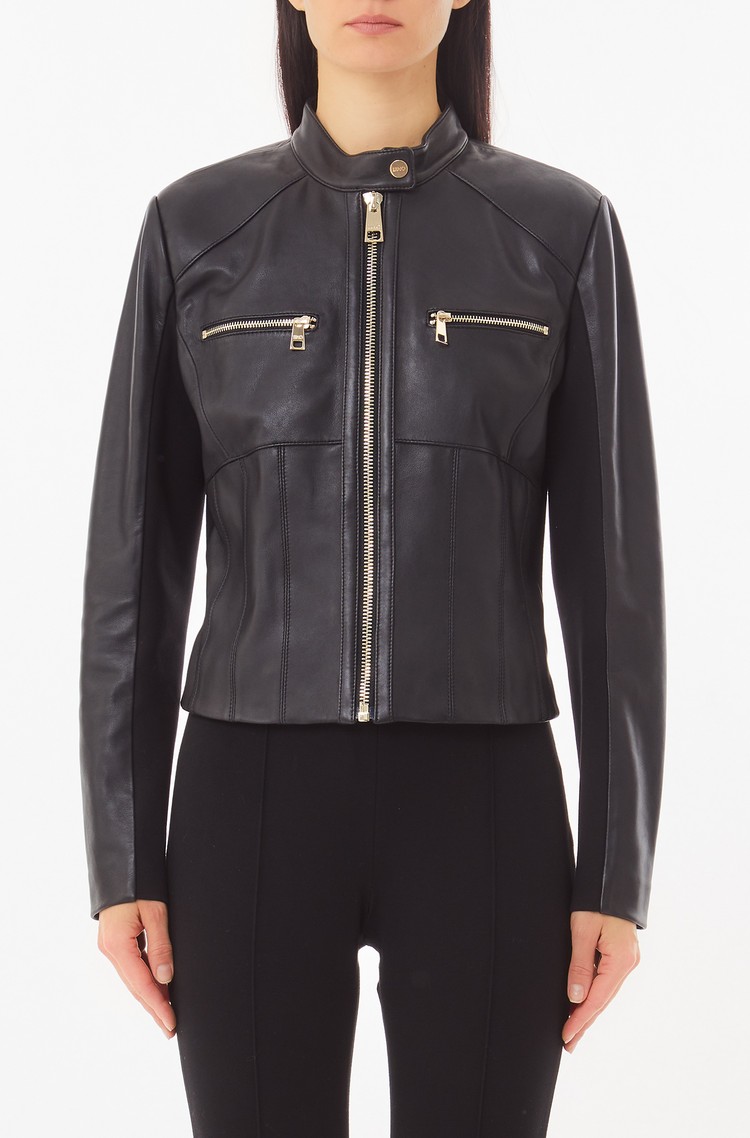 LIU JO Leather biker jacket with jersey inserts Black 