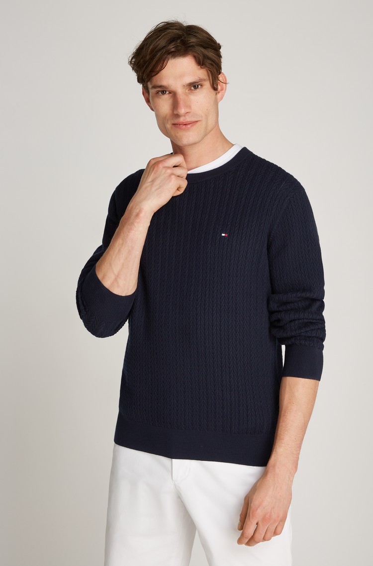 TOMMY HILFIGER Pleten pulover z vzorcem ribje kosti Modra - Dark Blue 