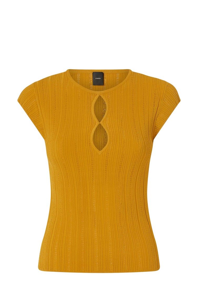 PINKO Ribbed knit top with openwork and keyhole opening Yellow 