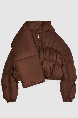 Short oversized quilted jacket with removable scarf