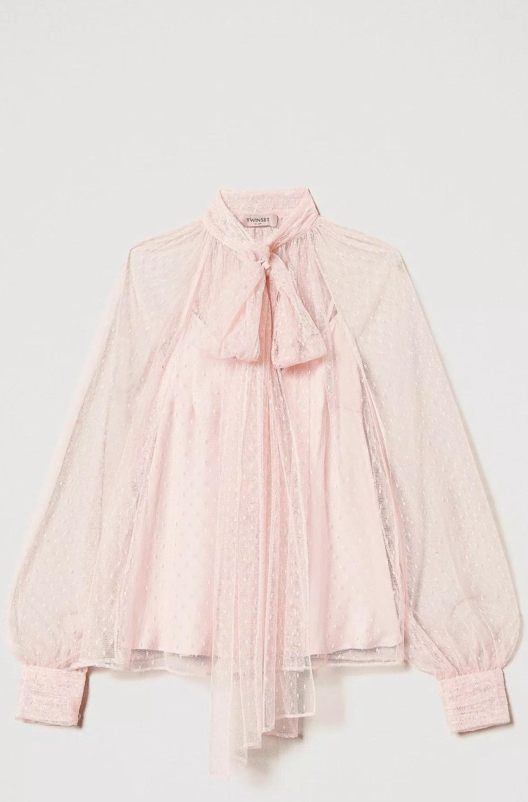TWINSET Tulle blouse with sash collar Pink 