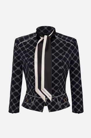 ELISABETTA FRANCHI Vzorčasta jakna iz raztegljive krep tkanine s snemljivo ruto Črna - Black / Butter 5