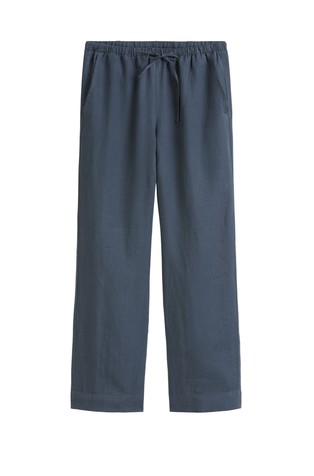 MARC O'POLO Ravne lanene hlače z zatezno vrvico v pasu Modra - Muted Blue 4