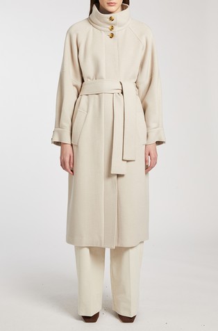 Volnen plašč s pasom in mandarin ovratnikom