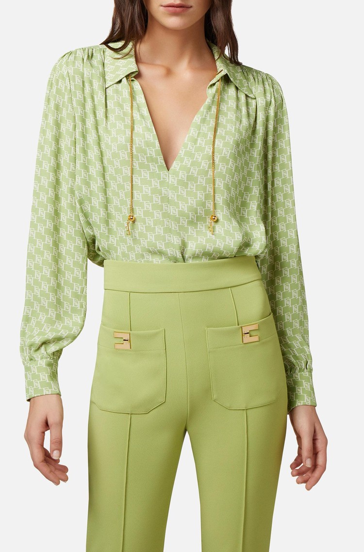 ELISABETTA FRANCHI Srajca iz žoržeta z logotipi Zelena - Pistachio / Butter 