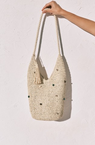 Raffia bag with stone appliqués