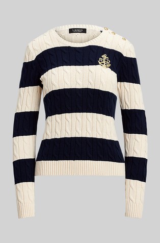 RALPH LAUREN Pleten črtast pulover z dekorativnimi gumbi Bež - Mascarpone Cream/Lauren Navy 5