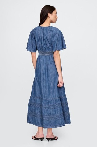 GAP Ženska dolga obleka z naborkom in plapolajočimi rokavi Modra - Medium Wash 2
