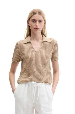 Ajour knitted polo tee in organic cotton-linen blend