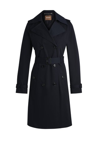 Double-breasted trench coat with belted closure