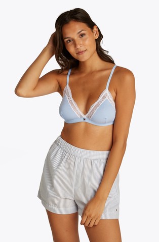 TOMMY HILFIGER Rebrast nepodložen triangel modrček s čipkasto obrobo Modra - Blue / White 4