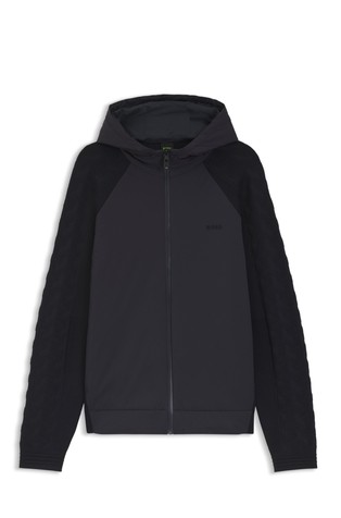 Pletena jopa s kapuco in kontrastnimi rokavi