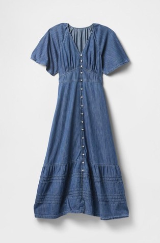 GAP Ženska dolga obleka z naborkom in plapolajočimi rokavi Modra - Medium Wash 5