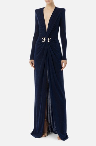 ELISABETTA FRANCHI Red carpet dress in lurex jersey with knot and logo accessory Navy 1