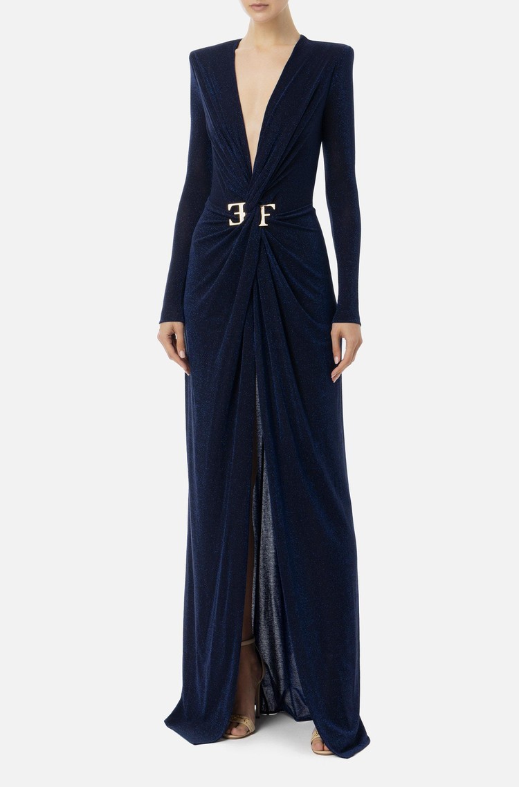 ELISABETTA FRANCHI Red carpet dress in lurex jersey with knot and logo accessory Navy 