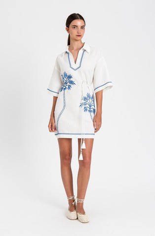 Obleka iz lanene mešanice s kontrastnimi detajli