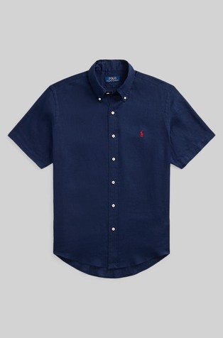RALPH LAUREN Custom fit lanena srajca s kratkimi rokavi Modra - Newport Navy 4