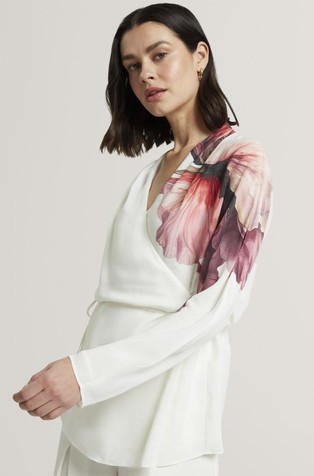 Printed Wrap Tie Detail Long Sleeve Blouse