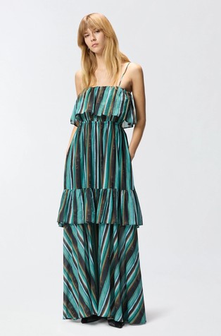 Tanka bombažna obleka z naborki in črtastim vzorcem